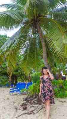 I'm walking away from the lazy relaxing beach chairs at The Rarotongan Beach Resort with palm trees behind me