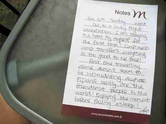 A letter note diary of my lucky flight cancellation, with complimentary hotel stay, breakfast and credits