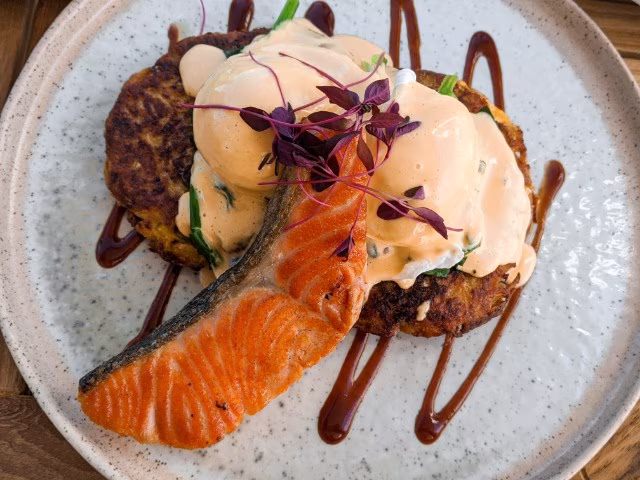 fields cafe with playground in auckland for kids salmon eggs benedict