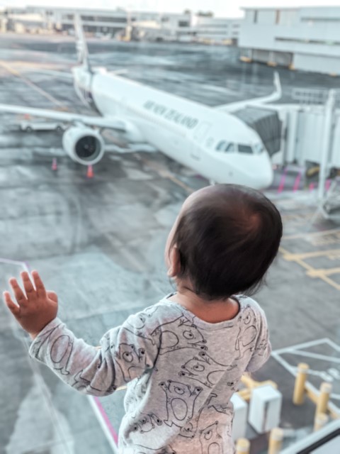 Baby looking at airplane Air New Zealand first quarantine-free travel bubble flight