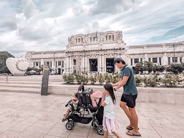 family walking Milan Train Station, Italy