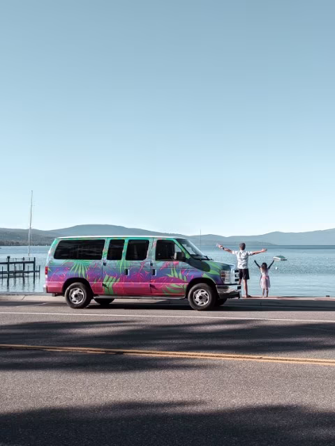 Family on campervan road trip around Lake Tahoe