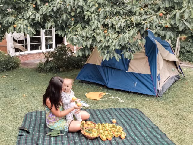 Mother baby at rural accommodation last minute hotel booking holiday park camping
