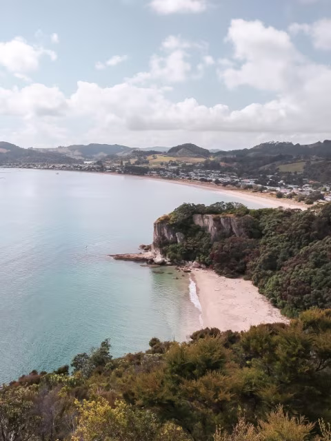 Aerial view of Cooks beach and Lonely bay Coromandel Attractions turquoise color water