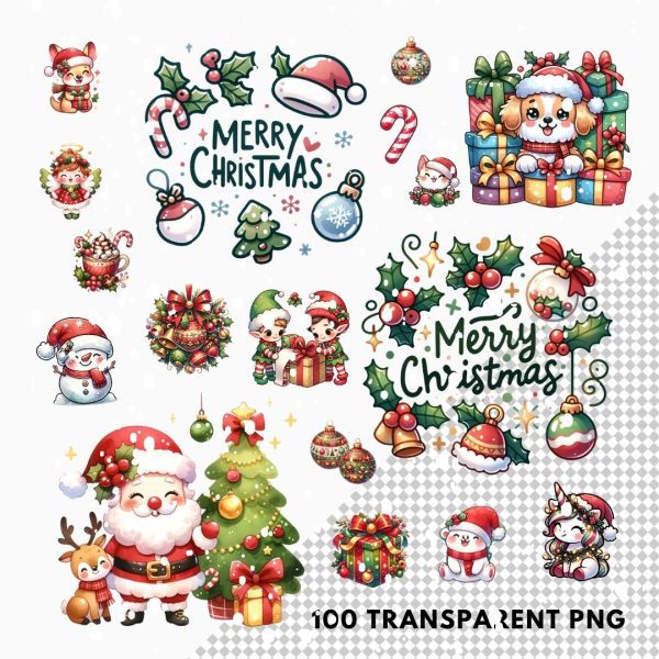 Christmas Clipart PNG Digital Sticker Transparent Cute Kawaii Animal Santa Elf Snowman