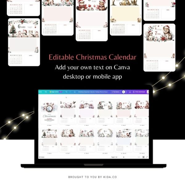 Christmas December Calendar Watercolor Kawaii Editable Xmas Holiday Planner PDF Printable Canva Template