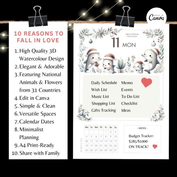 Christmas December Calendar Watercolor Kawaii Xmas Holiday Planner List PDF Printable Canva Template