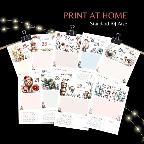 Christmas December Calendar Watercolor Kawaii Xmas Holiday Planner PDF Printable A4 Canva Template