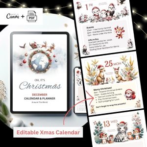 Christmas December Calendar Watercolor Kawaii Xmas Holiday Planner PDF Printable Canva Template Cover