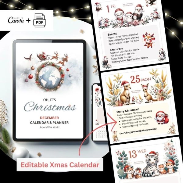 Christmas December Calendar Editable Xmas Planner PDF Printable Canva Template