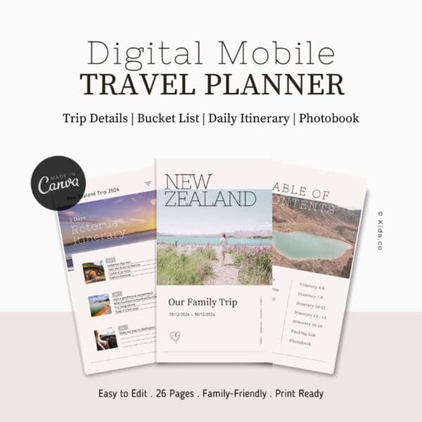 Digital Travel Planner Itinerary Journal Photobook Canva Template Download Minimalist Feminine Front Cover