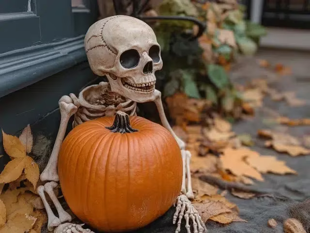Skull holding a pumpkin celebrating Halloween