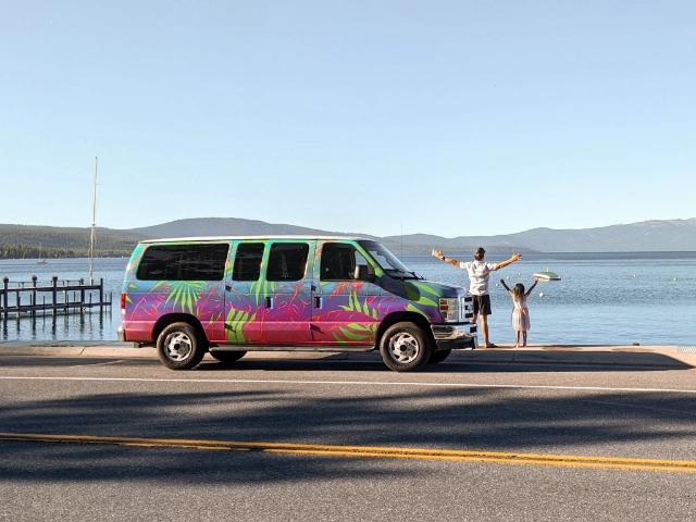 family in campervan roadtrip around Lake Tahoe USA North America family travel destination guide