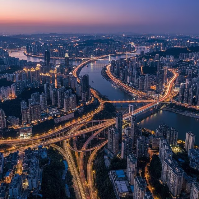 aerial view of chongqing china night lights cityscapes
