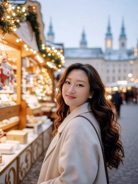 woman looking back at Christmas market europe