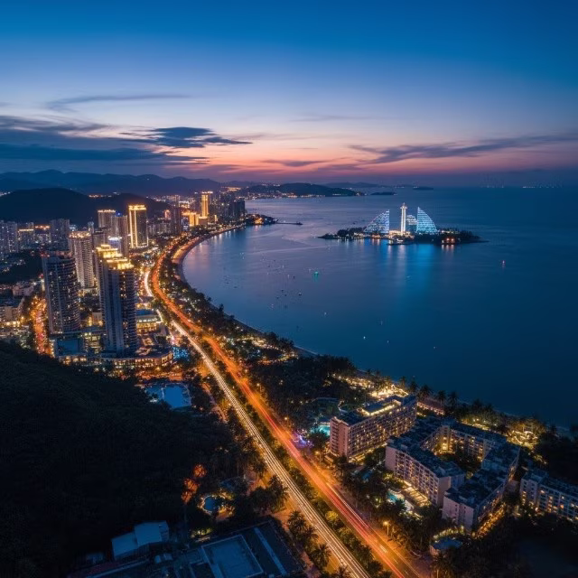 aerial view of hainan island china night lights cityscapes 