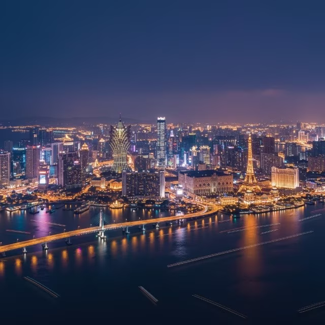 aerial view of macau china night lights cityscapes