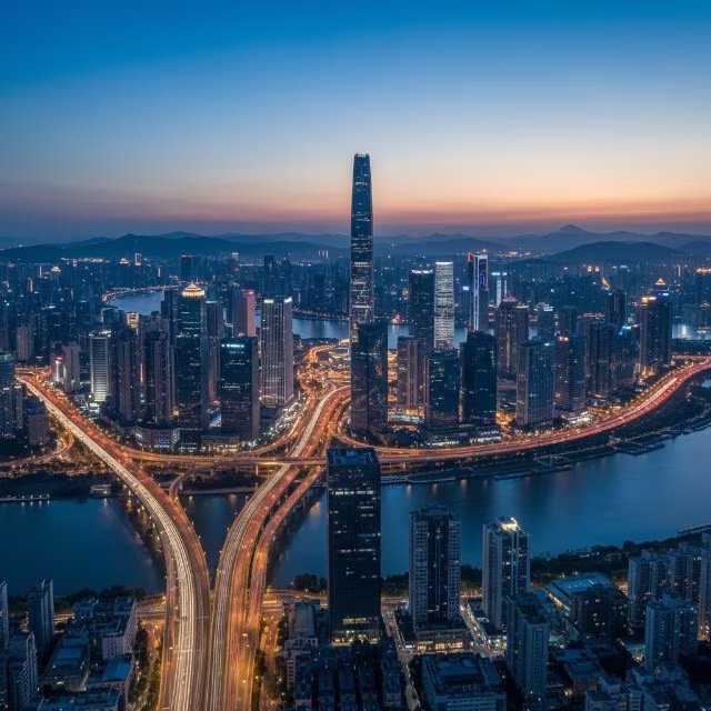 aerial view of shenzhen china night lights cityscapes