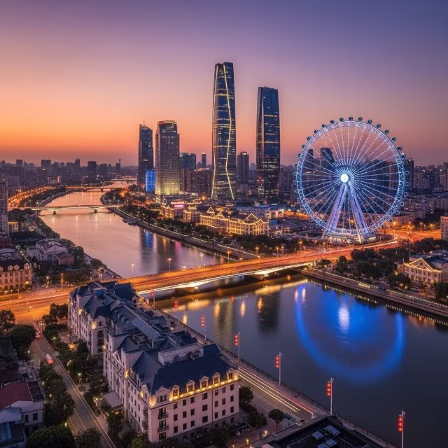 aerial view of Tianjin china night lights cityscapes