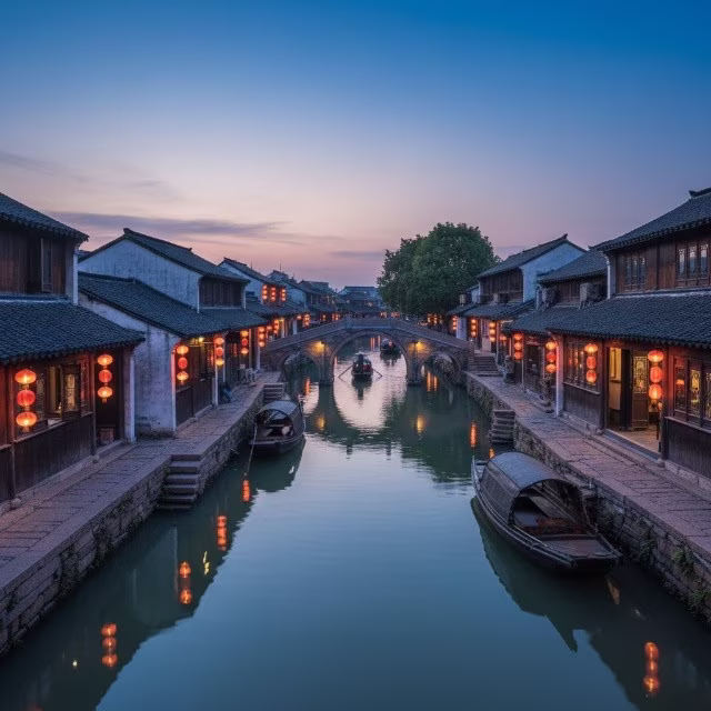 aerial view of wuzhen china night lights cityscapes