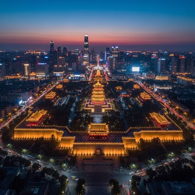 aerial view of xian china night lights cityscapes